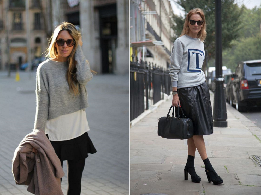 поверх блузки и с кожаной юбкой с чем носить женский свитшот этой осенью