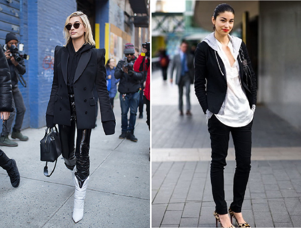приталенный жакет и худи - тренд 2018 лук со свитшотом