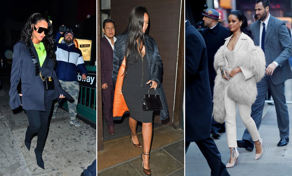 слева: Рианна в очках из её новой коллекции косметика Рианны